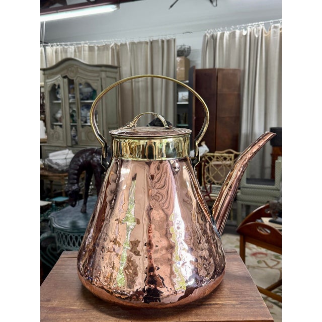 French Provincial Antique French Hammered Copper & Brass Water Kettle With Lid, Early 19th Century For Sale - Image 3 of 3