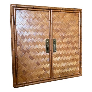 Vintage Bamboo and Rattan Double Door Cabinet with Brass Handles For Sale