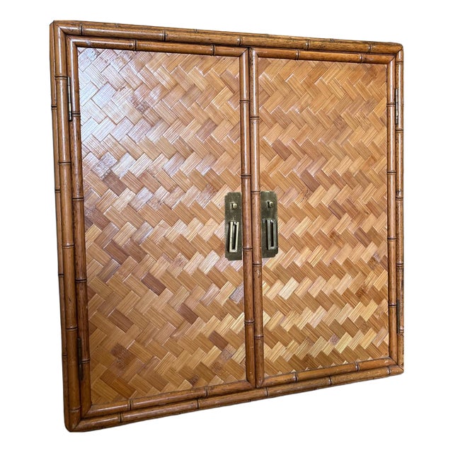 Vintage Bamboo and Rattan Double Door Cabinet with Brass Handles For Sale