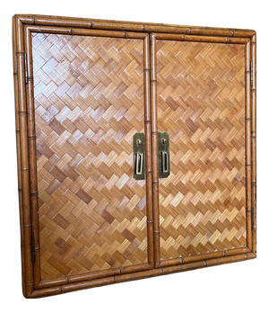 Vintage Bamboo and Rattan Double Door Cabinet with Brass Handles