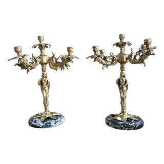 French Gilt Bronze and Marble Candleholders, 1800s, Set of 2 For Sale
