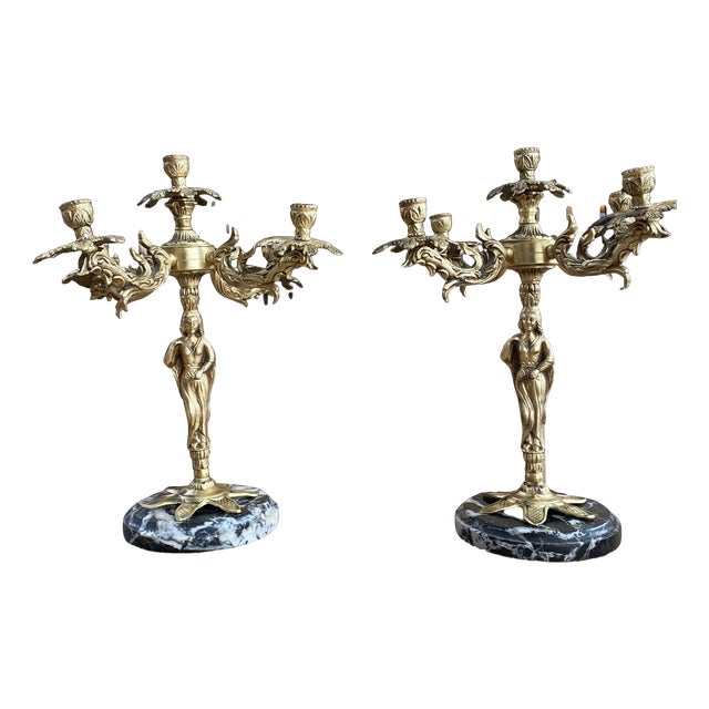 French Gilt Bronze and Marble Candleholders, 1800s, Set of 2 For Sale