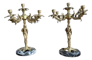 French Gilt Bronze and Marble Candleholders, 1800s, Set of 2