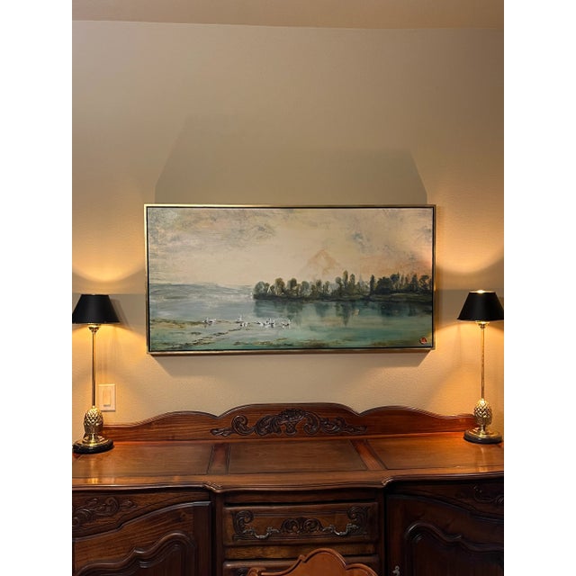 Mountain Landscape With Lake and Ducks Oil Painting, Gold Gilt Frame. For Sale - Image 9 of 9