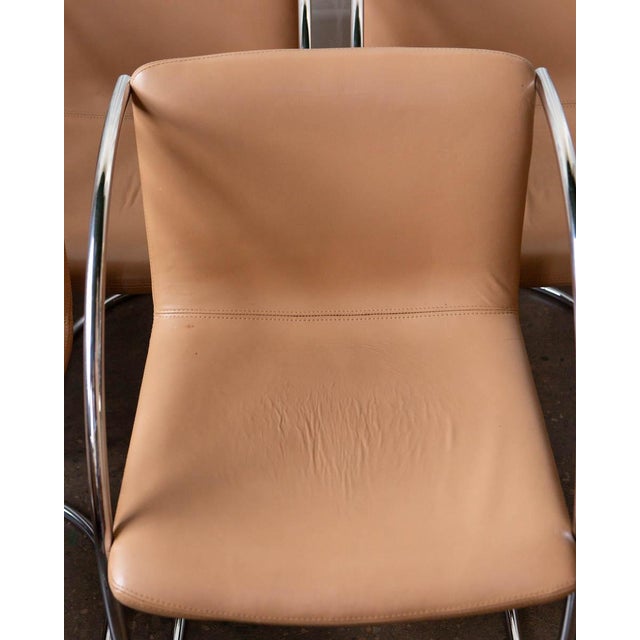 Camel 1970s Mid-Century Modern Saporiti Tubular Steel Chrome and Leather Italian Armchairs - Set of 6 For Sale - Image 8 of 17