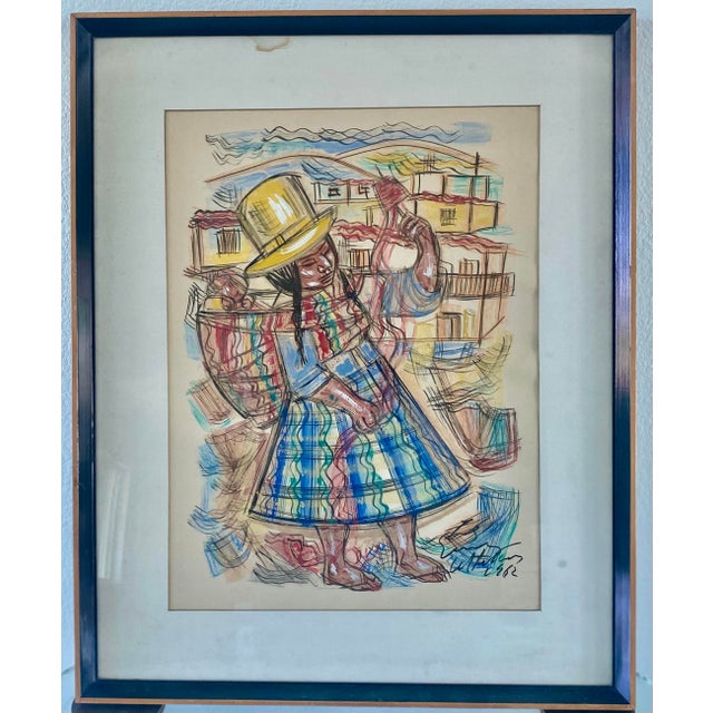 A pair of vintage 1960s Latin American watercolors featuring man and woman dancers in their colorful native costumes. Each...