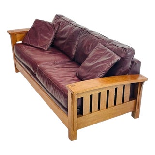 1980s Stickley Arts & Crafts Solid Oak Sofa With Burgundy Leather Upholstery For Sale