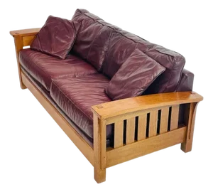 1980s Stickley Arts & Crafts Solid Oak Sofa With Burgundy Leather Upholstery