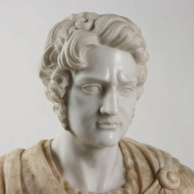 Roman Emperor Bust in White Marble and Flowery Alabaster For Sale - Image 3 of 11