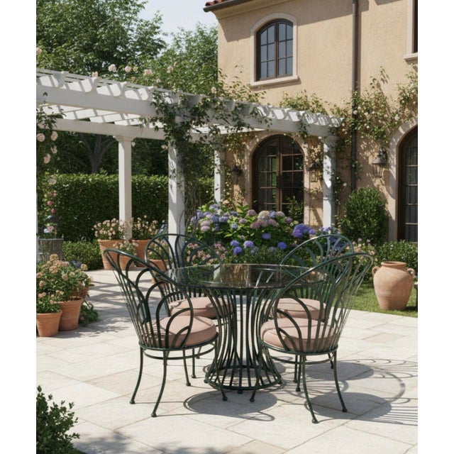 Elegant Vintage-Style Five-Piece Powder-Coated Green Wrought Iron Dining Set For Sale In West Palm - Image 6 of 7