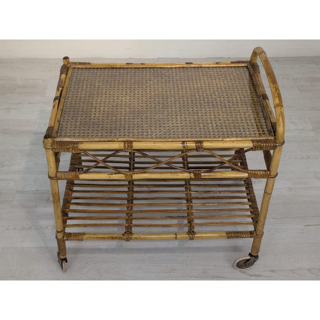 Scandinavian Rattan, Raffia and Glass Serving Cart, 1960s For Sale - Image 9 of 14