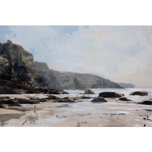 "Into the Light Study" is an oil on panel painting by Jon Doran, completed in 2026. This small study looks along a beach...