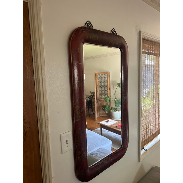 1950s Hand Painted Leather Over Wood Chinoiserie Mirror For Sale In Los Angeles - Image 6 of 7