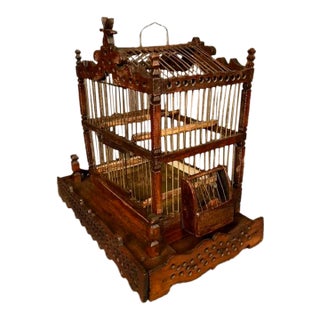 French Folk Art Finch Bird Cage in Fruitwood & Steel, Circa 1890 For Sale