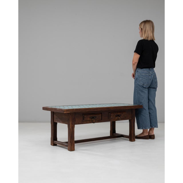 Metal 1970s French Wooden Coffee Table With Turquoise Tiled Top For Sale - Image 7 of 18