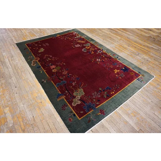 1920s Raspberry Red Floral Antique Chinese Art Deco Carpet 6' X 8'8'' Knotted Wool Rug For Sale - Image 10 of 13