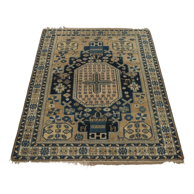 1910s Antique Kuba Rug in Blue and Beige With Geometric Medallion - Rug & Kilim For Sale - Image 5 of 8