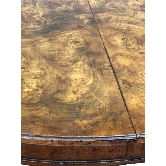 Mid 20th Century Impressive Regency Burled Fruitwood Pedestal Center Table With Gilded Dolphin Base For Sale - Image 14 of 14