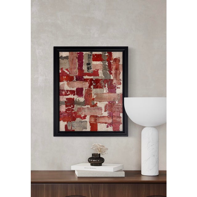 Original abstract painting by J. Kent Martin featuring warm reds, coral, rose, and muted neutrals in a layered geometric...