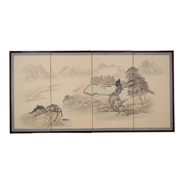 1960s Japanese Byobu Small Mountain Village Near a Lake Printed 4-Panel Folding Screen Mid 20th Century, Original Box For Sale