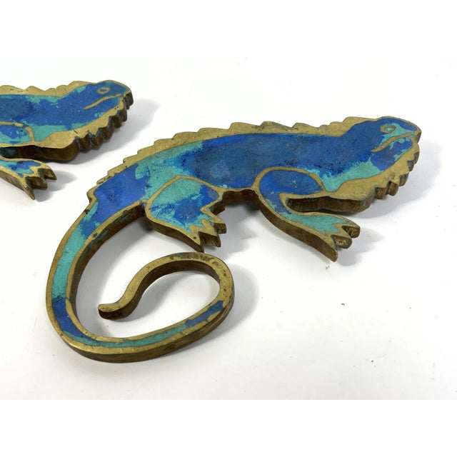 Description Pair of Bronze Enameled Handles. Iguanas. Dimensions: H: 6 inches: W: 9.5 inches: D: 1 inches Condition Minor...
