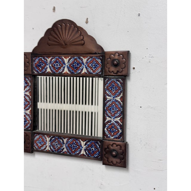 Mexican Folk Art Handcrafted Embossed Tin + Hand Painted Tile Mirror For Sale In San Francisco - Image 6 of 12