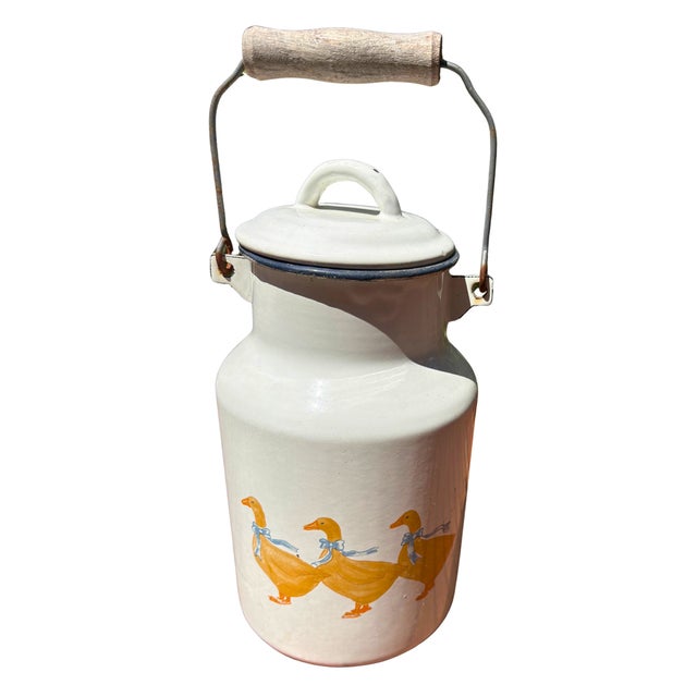 Large French Enamelware Pitcher and Milk Can with Geese Décor, 1950s, Set of 2 For Sale - Image 4 of 10