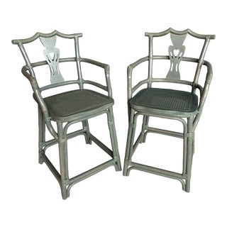 1970s Pagoda Rattan Bar Counter Stools - a Pair For Sale