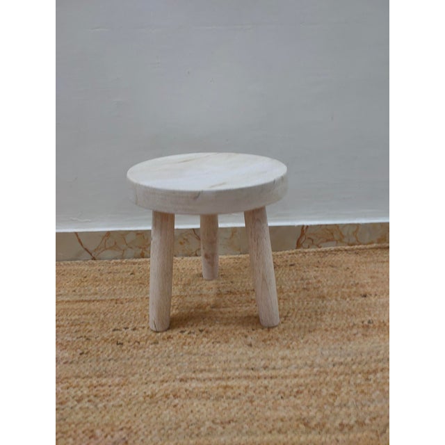 Wooden Mid Century Small Solid Wood Milking Stool in Distress Finish For Sale - Image 6 of 8