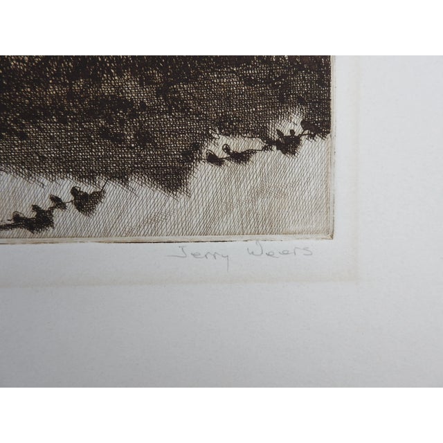 Late 20th century sepia toned etching on paper of sand dunes by Jerry Weers (20/21st Century) Texas. Signed, titled Padre...