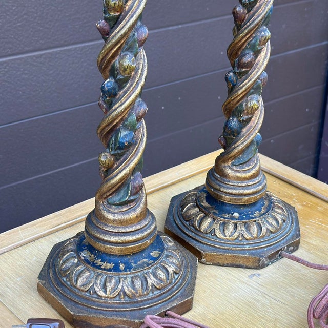 Baroque Antique Hand Carved Giltwood Barley Twist Table Lamps - a Pair For Sale - Image 3 of 12