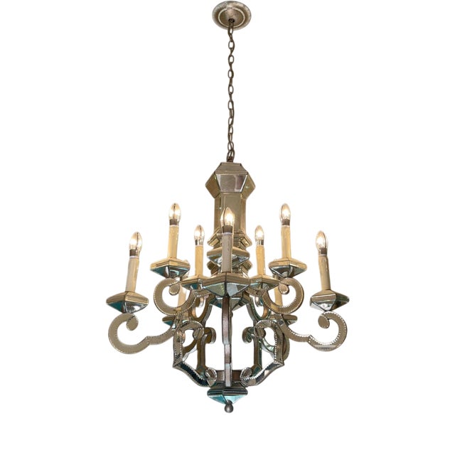 Mirrored Glass and Silvered Metal Chandelier by Currey & Company For Sale