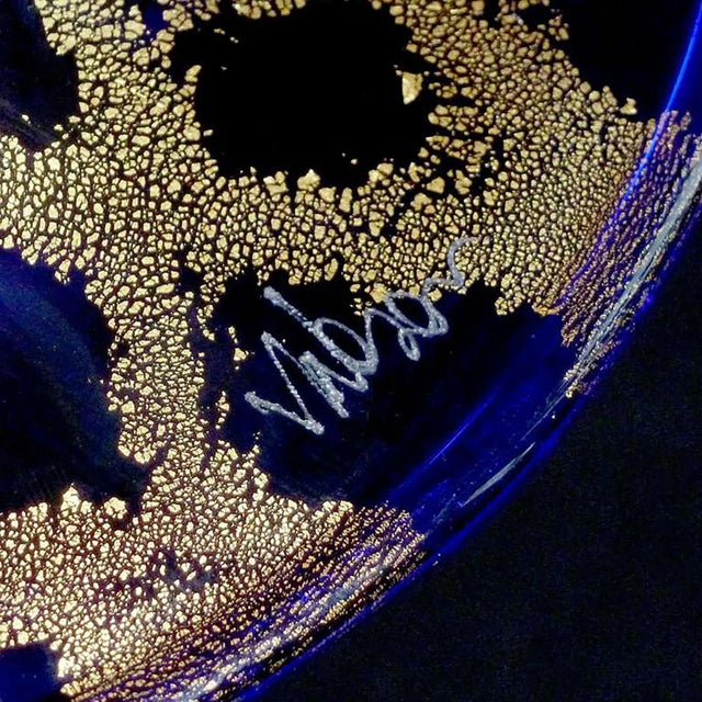 Vintage Murano Nason Signed Sapphire Blue Gold Flecks Diamond Design Italian Art Glass Flower Vase For Sale In Orlando - Image 6 of 7