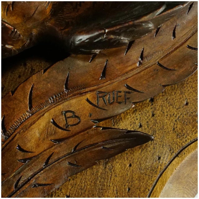 Traditional Antique Swiss Black Forest Hand Carved Wood Wall Plaque, Signed Ruef, Game Bird Trophy For Sale - Image 3 of 9