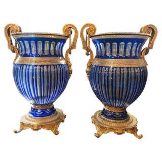 20th Century Bohemian Crystal Urns in Blue, Set of 2 For Sale