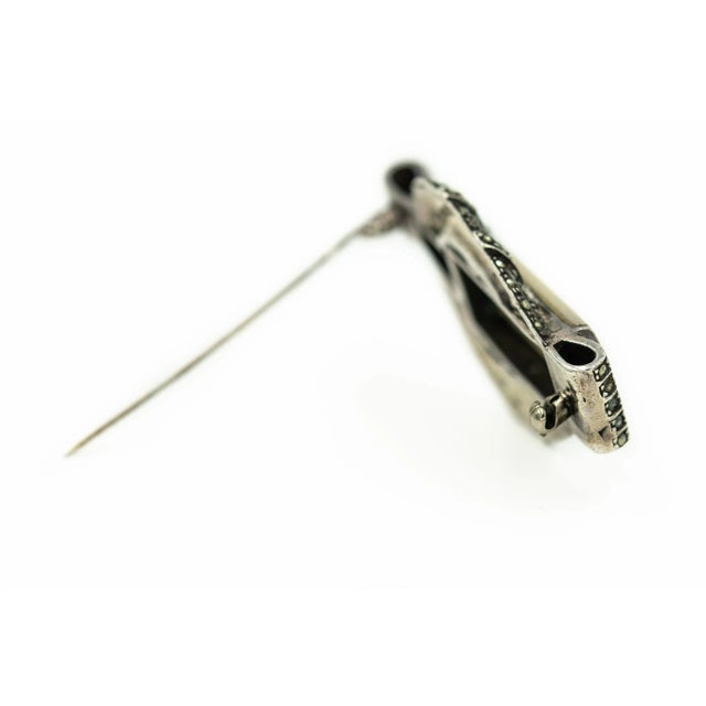 Late 20th Century Art Deco Style Marcasite Mother of Pearl Sterling Silver Brooch Earrings Suite - 3 Pieces For Sale - Image 5 of 8