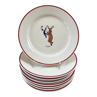 1980s Whimsical Christmas Holiday Reindeer Dinnerware Plates - Set of 8 For Sale
