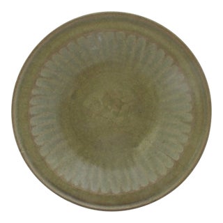 Chinese Longquan Ming Style Celadon Olive Green Fluted Shallow Bowl Dish For Sale
