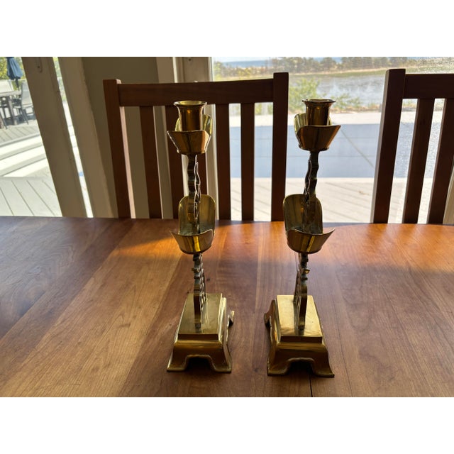 Metal Pair of Vintage Brass Candleholders-Asian For Sale - Image 7 of 8