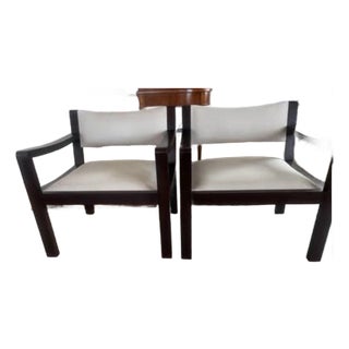 Pair of Vintage Bench-Made Black Walnut Lounge Chairs — Kravet Couture Linen For Sale