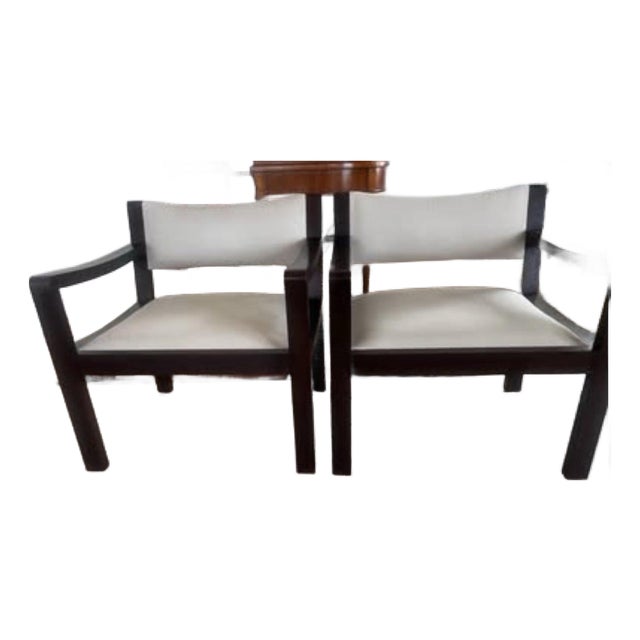 Pair of Vintage Bench-Made Black Walnut Lounge Chairs — Kravet Couture Linen For Sale