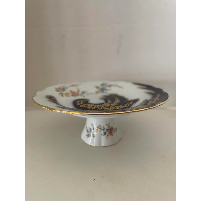 Royal Blue 1980s Vintage "Casati Fine Porcelains" Germany Floral & Decorative Hand Painted Cake/Desert Pedestal For Sale - Image 8 of 8