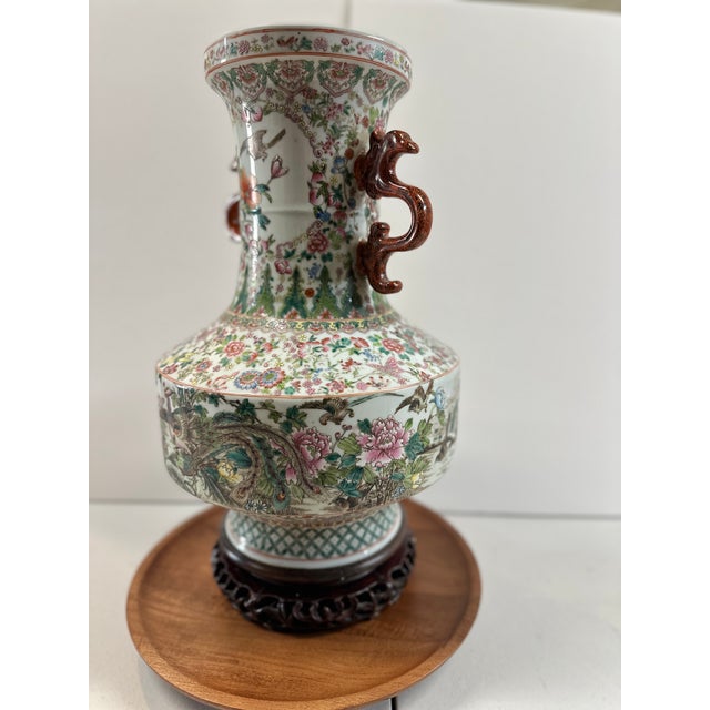 Large 18" Chinese Famille Rose Porcelain Vase With Dragon Handles & Peacocks For Sale - Image 9 of 12