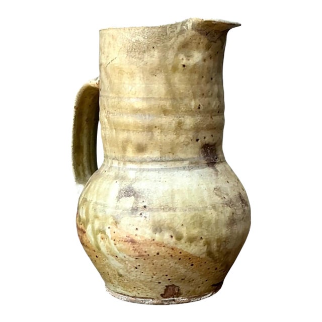 Vintage Handcrafted Beige Ceramic Jug For Sale