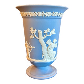 Mid 20th Century Wedgwood Portland Blue Jasperware Vase With Classical Relief, England For Sale