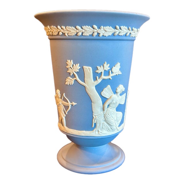 Mid 20th Century Wedgwood Portland Blue Jasperware Vase With Classical Relief, England For Sale