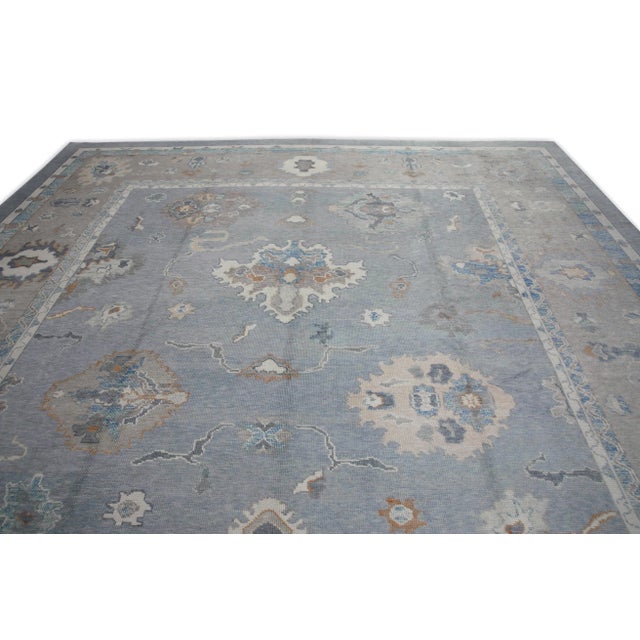 Early 21st Century Blue & Taupe Floral Design Handwoven Wool Turkish Oushak Rug 12'3" X 15' For Sale - Image 4 of 8
