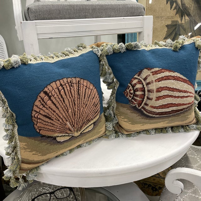 Pair of Needlepoint Throw Pillows With Decorative Tassel Fringe For Sale - Image 10 of 11