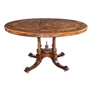 An English Burr Walnut and Marquetry Tilt-Top Oval Breakfast/Center Table For Sale