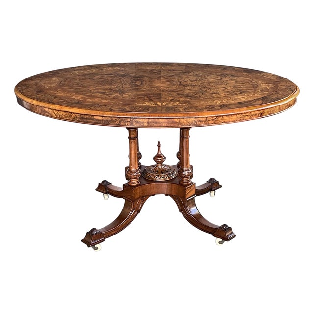 An English Burr Walnut and Marquetry Tilt-Top Oval Breakfast/Center Table For Sale